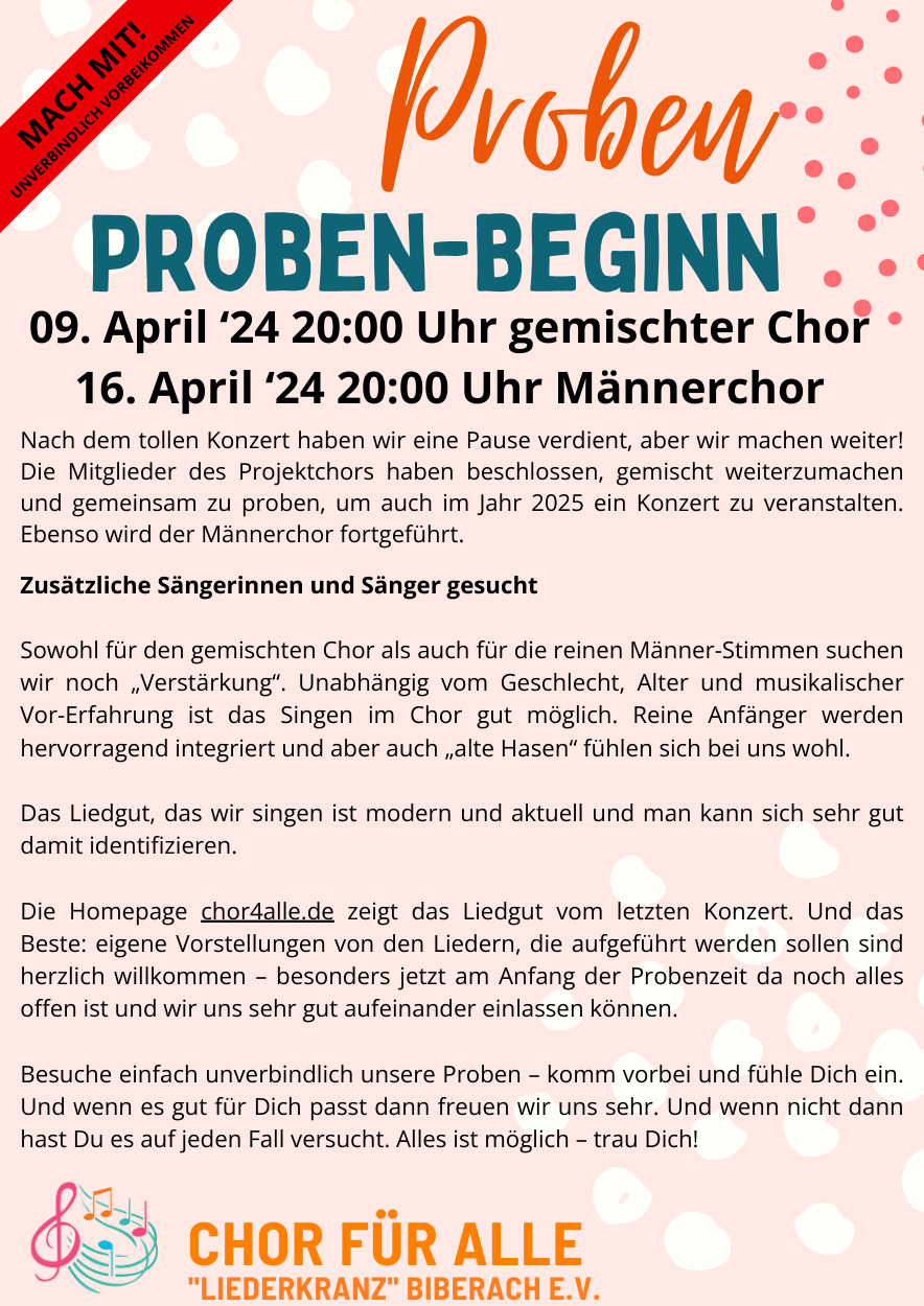 Proben-Beginn des Vereins Chor für Alle - Liederkranz Biberach e.V.