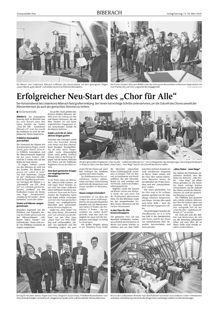 Berichtsseite der Schwarzwälder Post über das erste Konzert des Vereins Chor für Alle - LIederkranz Biberach e.V.