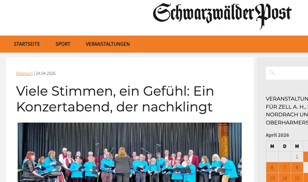 Titelbild der Berichts aus der Schwarzwälder Post über das Konzert vom "Chor für Alle" aus Biberach
